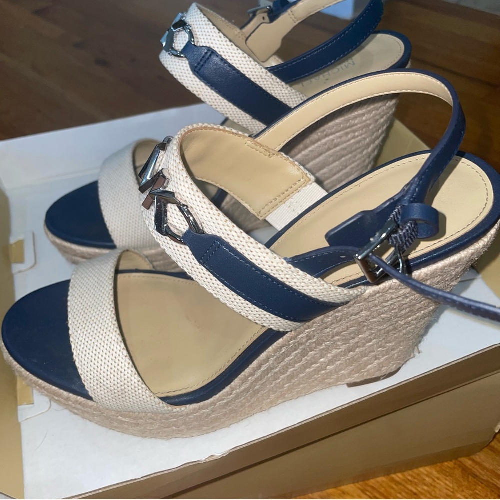Michael Kors Reed MK Logo Two Tone Canvas Wedge Sandal Platform